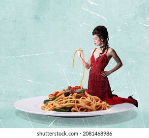 Dinner Time. Contemporary Art Collage Of Wonderful Woman Degustating Delicious Italian Pasta Isolated Over Mint Background. Concept Of Art, Creativity, Food, Delivery Service, Taste And Ad