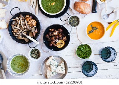 Dinning Table. Cooked Shimeji Mushrooms In Bowl With Fresh Vegetables Cooking Creamy Soup On Family Dinner Table. Healthy Eating Or Vegetarian Food Concept. Top View.