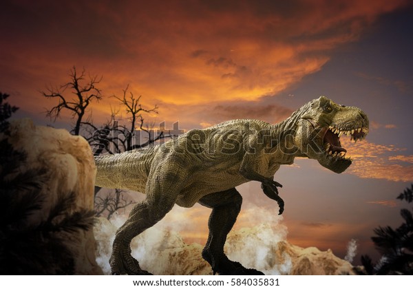 dinosaur art mountain landscape with Partly cloudy sky wall mural.