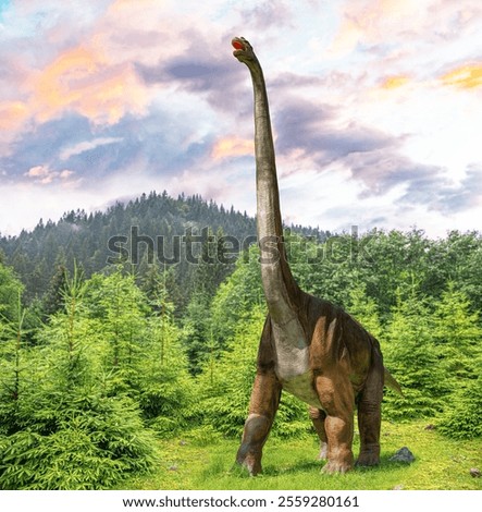 Dinosaur. Brachiosaurus against the backdrop of a prehistoric forest.