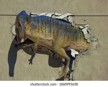 Dinosaur bursting through the wall of a building       