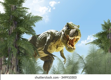 Dinosaur In The Jungle Background. 3D Render