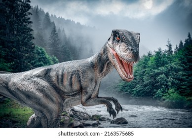 Dinosaur on the background of a gloomy forest.