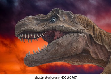 Dinosaur Trex Head Detail On Red Hell Background