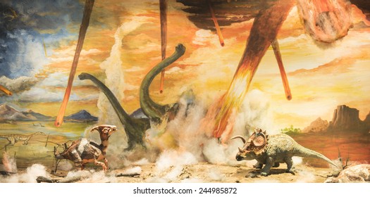 Dinosaurs escaping or dying because of heat and fire due to a big meteorite crash