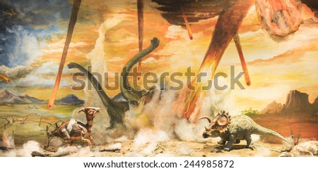 Dinosaurs escaping or dying because of heat and fire due to a big meteorite crash