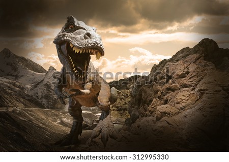Dinosaurs model on rock mountain background