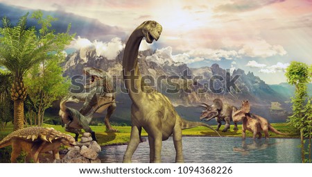 Dinosaurs in the park by the lake
