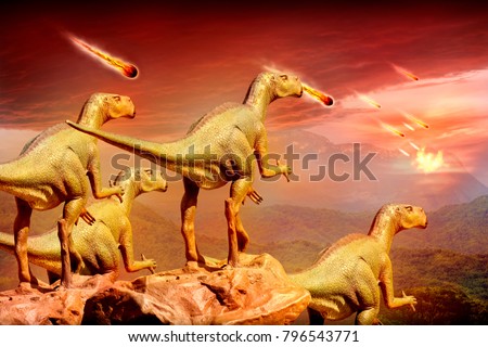 Dinosaurs watching meteorites falling to planet.