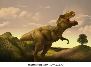 Dinosour Life In Mountain. Photo 3D