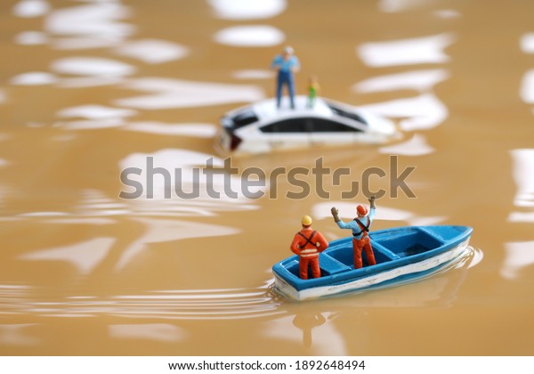 Diorama landscape of houses flooded by floods and
people waiting for
rescue