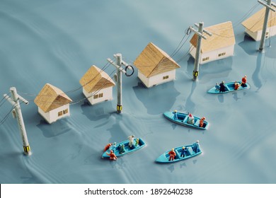 Diorama of people rescued by boats and houses flooded by floods - Shutterstock ID 1892640238