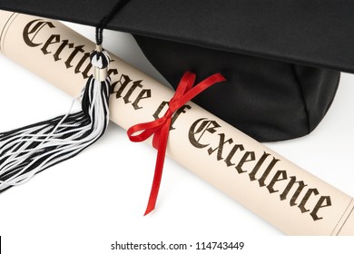 Diploma and black graduation cap
