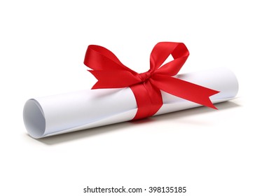 Diploma, close up of paper scroll with red ribbon isolated on white background - Shutterstock ID 398135185