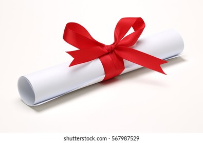 Diploma, close up of paper scroll with red ribbon isolated on white background - Shutterstock ID 567987529