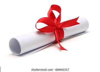 Diploma, close up of paper scroll with red ribbon isolated on white background - Shutterstock ID 604441517