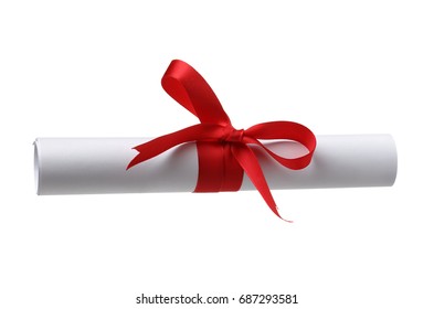 Diploma, Close Up Of Paper Scroll With Red Ribbon Isolated On White Background