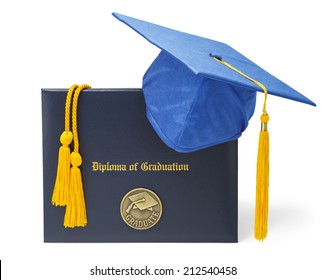 Diploma Of Graduation With Blue Hat And Honor Cords Isolated On White Background.