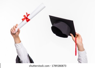Diploma With A Red Ribbon In Hand Isolated