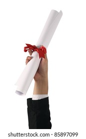 Diploma With A Red Ribbon In Hand Isolated On White