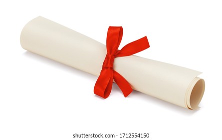 Diploma, scroll of paper with red bow isolated on white background.