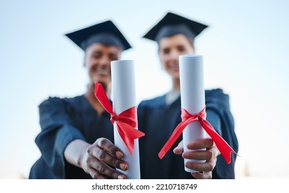 Diploma, Success And Hands At University Graduation With Celebration Together At School. Students With Paper Certificate Award After Scholarship Achievement In College Education For Future Motivation