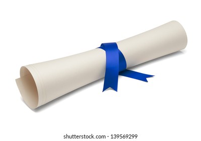 Diploma tied with blue ribbon on a white isolated background. - Shutterstock ID 139569299