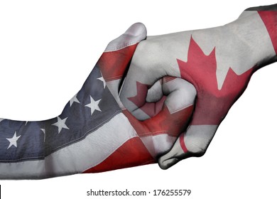 Diplomatic handshake between countries: flags of United States and Canada overprinted the two hands