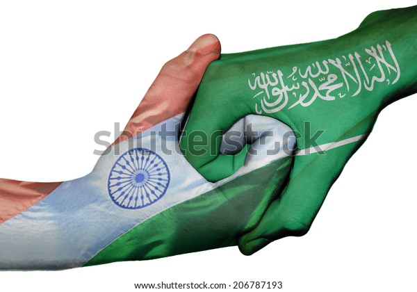 Handshake Between India And Saudi Arabia Diplomatic Handshake Between Countries Flags India Stock