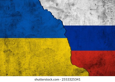 Diplomatic relations between Ukraine and Russia. Flag of the two countries with cracked wall texture. War between Russia and Ukraine. - Powered by Shutterstock