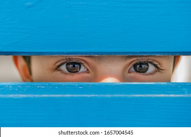 direct look of a child between the blue wooden planks - Shutterstock ID 1657004545