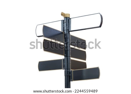 Direction indicator in different directions with boards on white and black backgrounds. Isolated on white. Space for text.