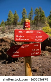 direction pointer for hikers with name of destination, color code, route number and distance to mountain villages. 