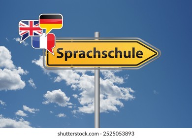 A Direction Sign for a Language School Featuring Various International Flags  - Powered by Shutterstock