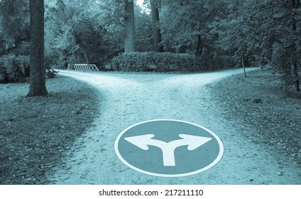 A direction sign representing a difficult decision - cool cyanotype
