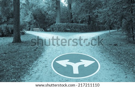 A direction sign representing a difficult decision - cool cyanotype