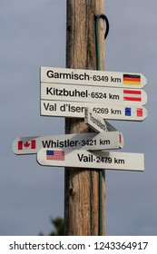 Direction signpost to well-known ski areas on Mount Molson in Petawawa, Ontario, Canada