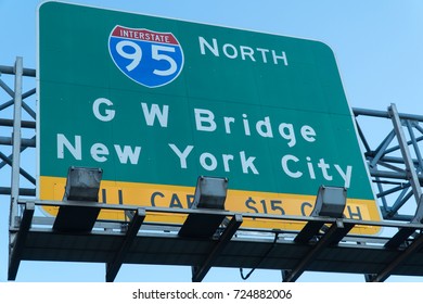 Directional Highway Road Sign For George Washington Bridge Toll Plaza Fee Collection Both Into New York City From Jersey