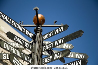 Directional Signage.  Right way, Fast way, Easy way, Challenging way, Hard way, Difficult way. 