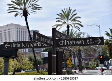 Directional signs pointing the direction to Chinatown, Little Tokyo, Union Station Olvera Street and the Civic Center in Los Angeles