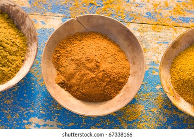 Directly Above Shot Of Curry Powder In Bowls, Overhead View