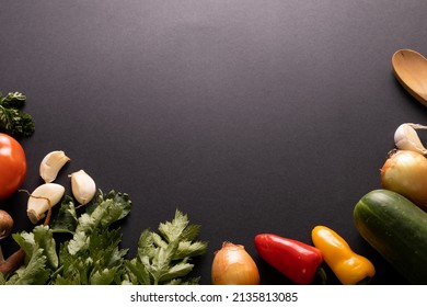 Directly Above Shot Of Various Food On Black Background With Copy Space. Unaltered, Food, Studio Shot, Healthy Eating, Organic.