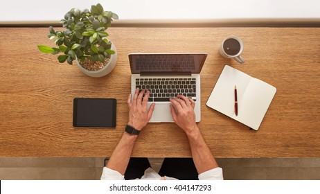 Directly above view of human hands typing on laptop. Laptop, digital tablet, diary, coffee cup and potted plant on work desk. Man working from home.