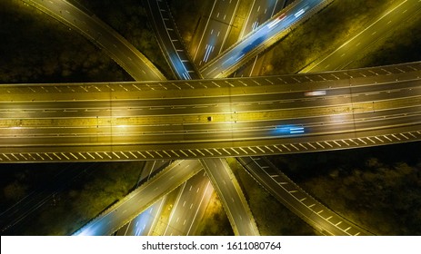 Directly Overhead Shot Of A Freeway Junction In The UK At Night