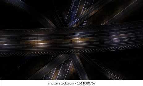 Directly Overhead Shot Of A Freeway Junction In The UK At Night