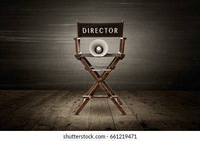 Director Chair And Megaphone, Scene In Dark Room