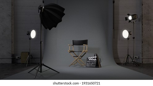 Director Chair,Movie Clapper In Studio.Concept For Film Industry.3d Rendering