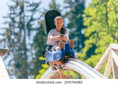 Dirl is going down a mountain with a roller coaster over a wooden bridge. Forest in background - Powered by Shutterstock