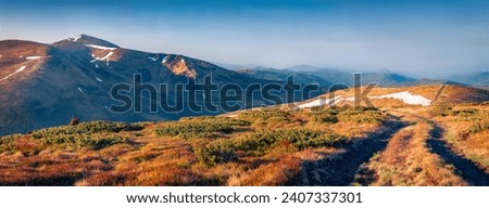 Dirt country road on Svydovets mountain ridge. Panoramic spring view of Carpathian moiuntains with snowy Blyznysia  peak on background. Beauty of nature concept background.