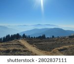 A dirt path cutting through hilly terraced fields with misty blue mountain layers beneath a bright sun.